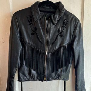 Howard’s Exclusive Leathers- Vintage Black Leather Fringe Floral Biker Jacket